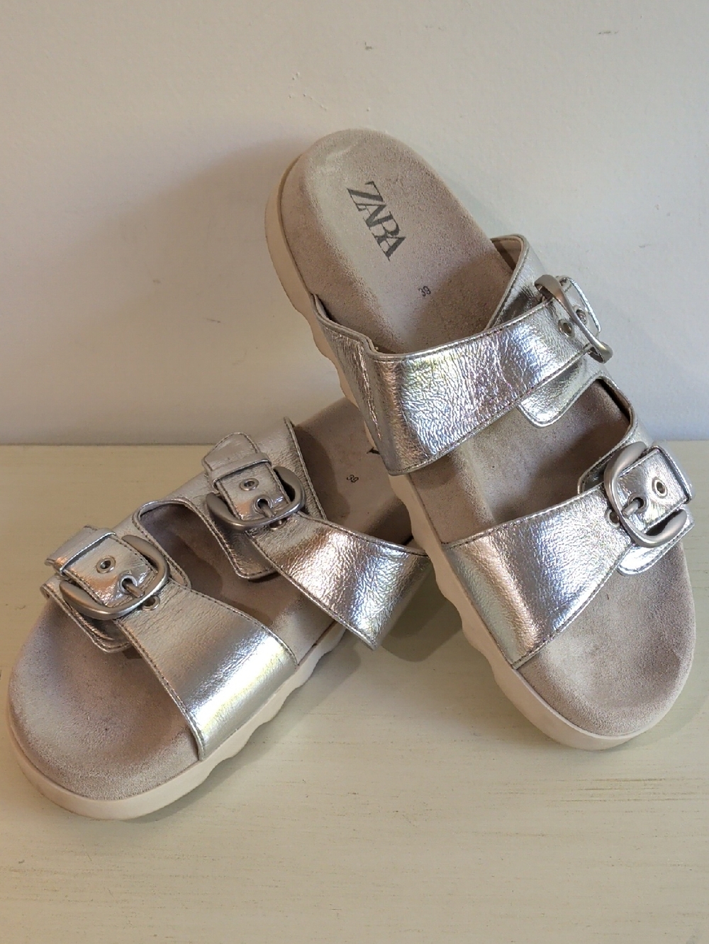 ZARA Silver Metallic Leather Double Buckle Slide Sandals Size EU39